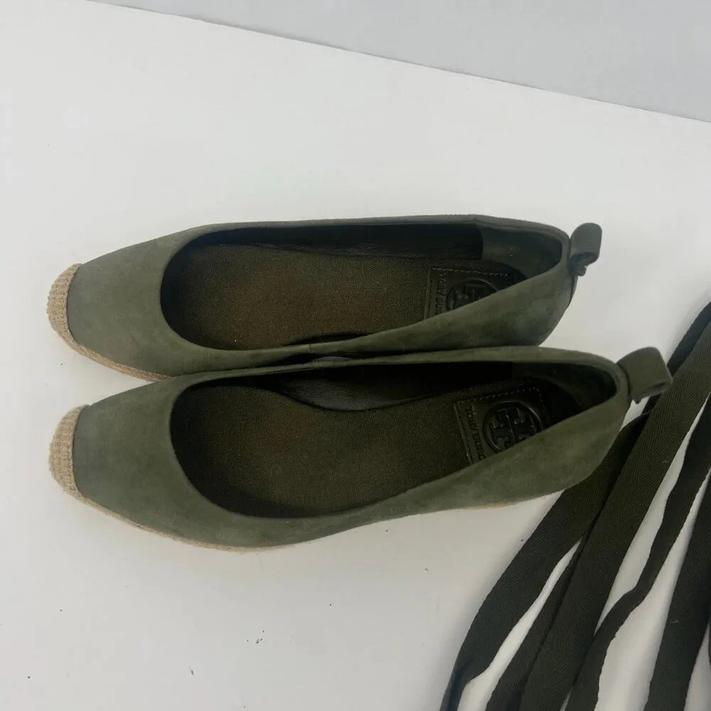 Tory Burch Heather Espadrille Ankle Wrap Wedge Leccio Green Suede - Picture 3 of 12